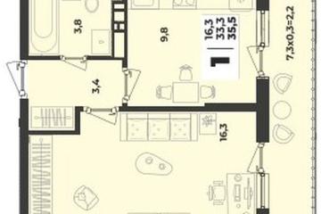 Фото №1: 1-комнатная квартира 35 м², 3/9 эт. - Краснодар, мкр. жилой комплекс Зелёная Территория,