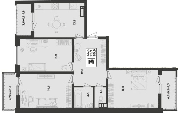 Фото №1: 3-комнатная квартира 80&nbsp;м², 5/9&nbsp;эт. - Краснодар, Прикубанский внутригородской округ, мкр. жилой комплекс Зелёная Территория