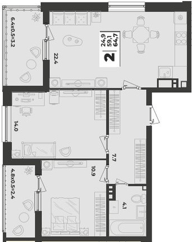 Фото №1: 2-комнатная квартира 64&nbsp;м², 5/9&nbsp;эт. - Краснодар, Прикубанский внутригородской округ, мкр. жилой комплекс Зелёная Территория