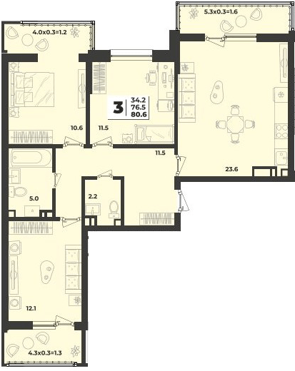Фото №1: 3-комнатная квартира 80&nbsp;м², 4/9&nbsp;эт. - Краснодар, Прикубанский внутригородской округ, мкр. жилой комплекс Зелёная Территория