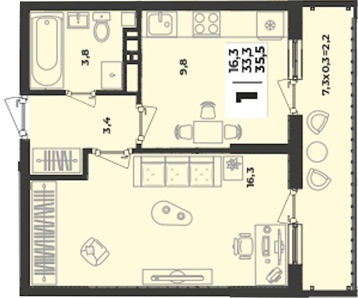 Фото №1: 1-комнатная квартира 35&nbsp;м², 6/9&nbsp;эт. - Краснодар, Прикубанский внутригородской округ, мкр. жилой комплекс Зелёная Территория