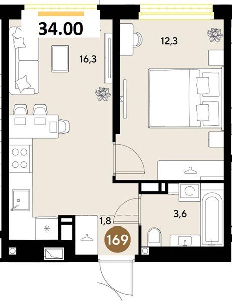 Фото №1: 1-комнатная квартира 34&nbsp;м², 18/18&nbsp;эт. - Краснодар, Прикубанский внутригородской округ, ЖК Грейд, мкр. ЖК Грейд