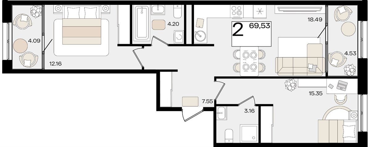 Фото №1: 2-комнатная квартира 69&nbsp;м², 17/18&nbsp;эт. - Краснодар, Карасунский внутригородской округ, Хлопчато-бумажный Комбинат, мкр. жилой квартал Патрики