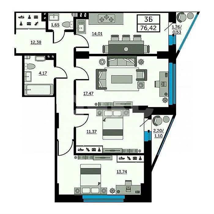 Фото №2: 3-комнатная квартира 76 м² - Ростов-на-Дону, жилой комплекс Рубин, ул. Красноармейская, 157В/83с2