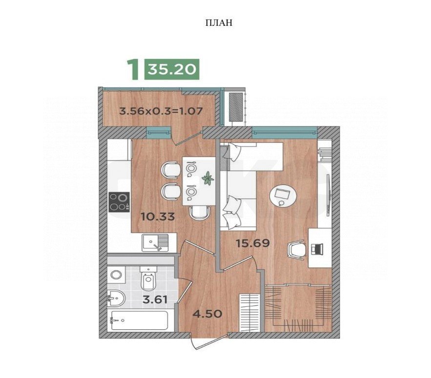 Фото №1: 1-комнатная квартира 35 м² - Темрюк, ул. Дальняя, 30