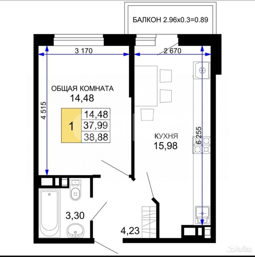 Фото №1: 1-комнатная квартира 38 м² - Майкоп, ул. Степная, 257