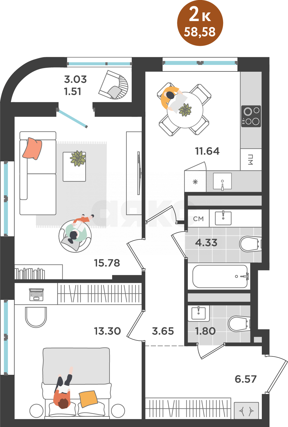 Фото №2: 2-комнатная квартира 58 м² - Пермь, микрорайон Рабочий, ул. Металлистов, 18