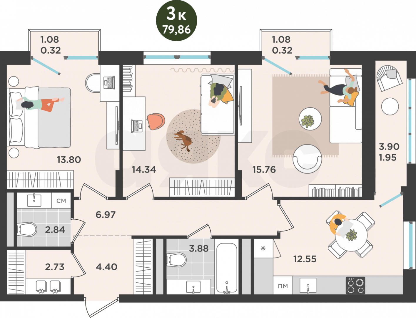 Фото №1: 3-комнатная квартира 79 м² - Пермь, микрорайон Рабочий, ул. Металлистов, 18