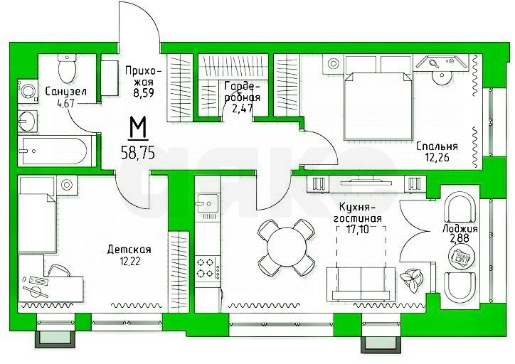 Фото №1: 2-комнатная квартира 60 м² - Молодёжный, жилой комплекс 5 Баллов, 