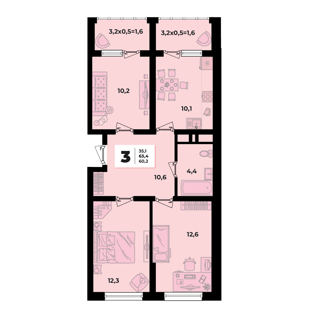 Фото №3: 3-комнатная квартира 63 м² - Краснодар, жилой комплекс Грани, ул. Западный Обход, 45