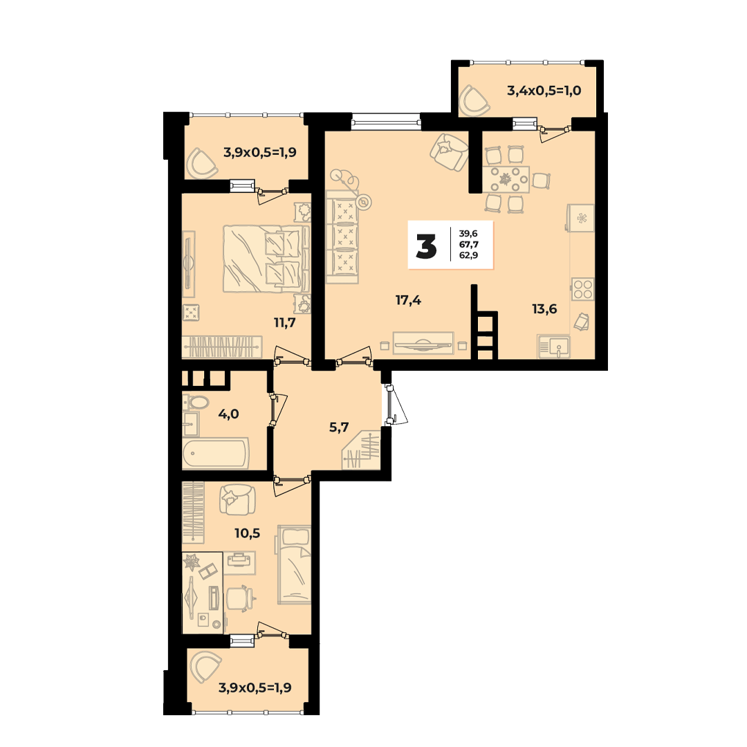 Фото №3: 3-комнатная квартира 67 м² - Краснодар, жилой комплекс Грани, ул. Западный Обход, 45