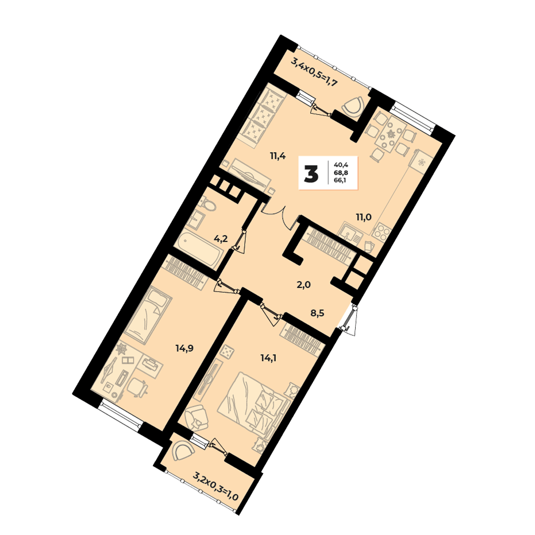 Фото №2: 3-комнатная квартира 68 м² - Краснодар, жилой комплекс Грани, ул. Западный Обход, 45к1