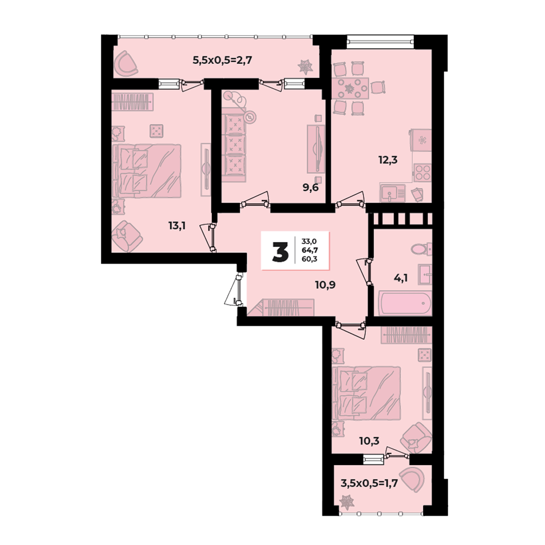 Фото №3: 3-комнатная квартира 64 м² - Краснодар, жилой комплекс Грани, ул. Западный Обход, 45к1