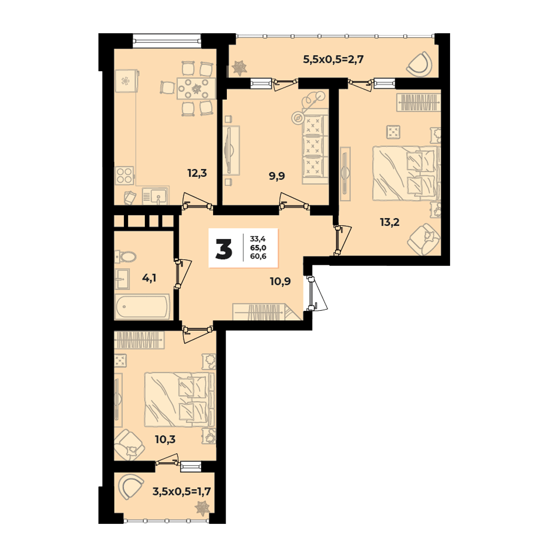 Фото №2: 3-комнатная квартира 65 м² - Краснодар, жилой комплекс Грани, ул. Западный Обход, 45к1