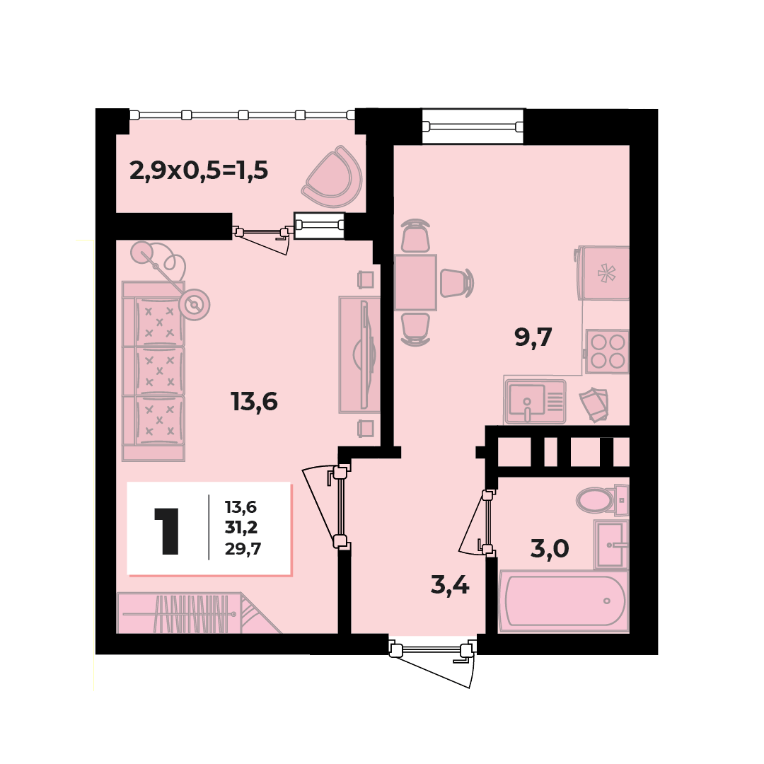 Фото №3: 1-комнатная квартира 31 м² - Краснодар, жилой комплекс Грани, ул. Западный Обход, 45к1