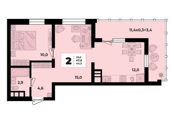 Фото №2: 2-комнатная квартира 47 м² - Краснодар, мкр. жилой комплекс Грани, ул. Западный Обход, 45к1