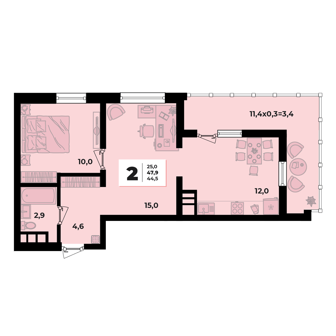 Фото №2: 2-комнатная квартира 47 м² - Краснодар, жилой комплекс Грани, ул. Западный Обход, 45к1