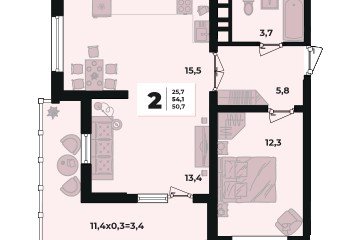 Фото №2: 2-комнатная квартира 54 м² - Краснодар, мкр. жилой комплекс Грани, 