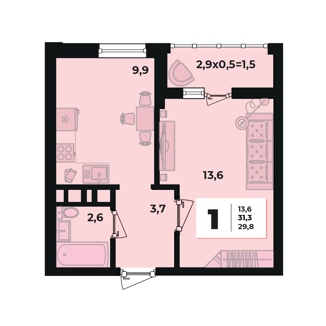 Фото №2: 1-комнатная квартира 31 м² - Краснодар, жилой комплекс Грани, 