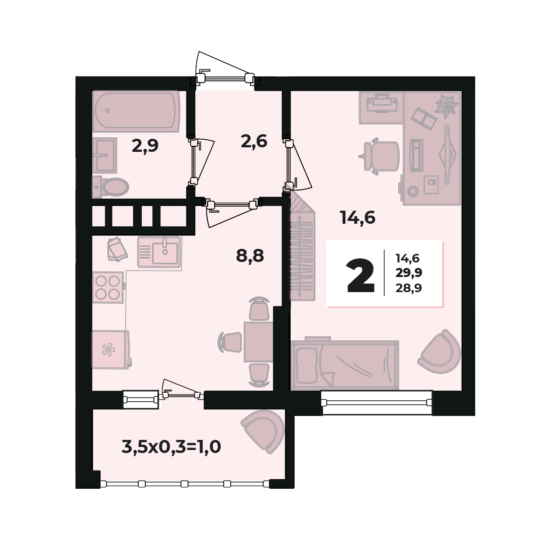 Фото №2: 1-комнатная квартира 29 м² - Краснодар, жилой комплекс Грани, 