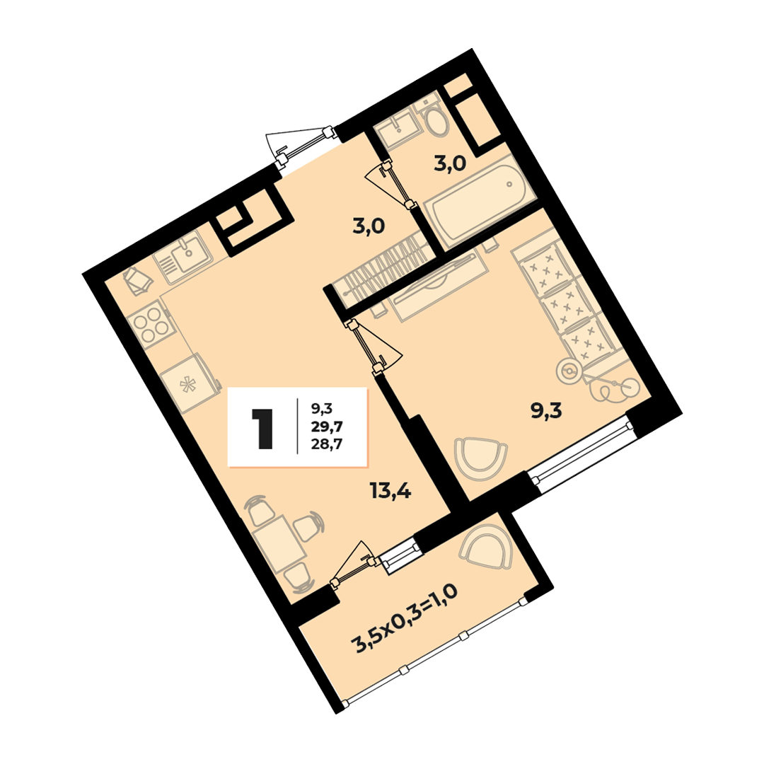 Фото №2: 1-комнатная квартира 29 м² - Краснодар, жилой комплекс Грани, 