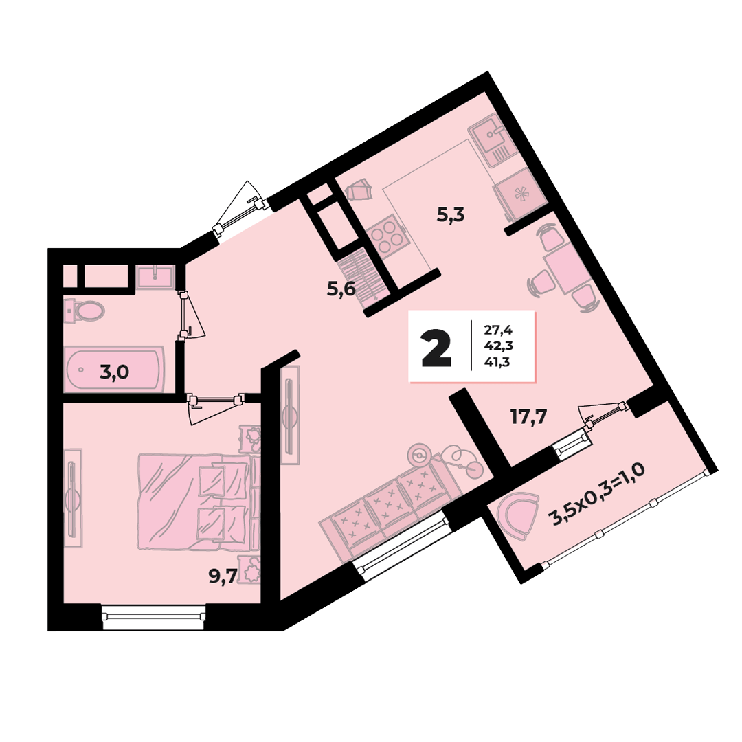 Фото №2: 2-комнатная квартира 42 м² - Краснодар, жилой комплекс Грани, 