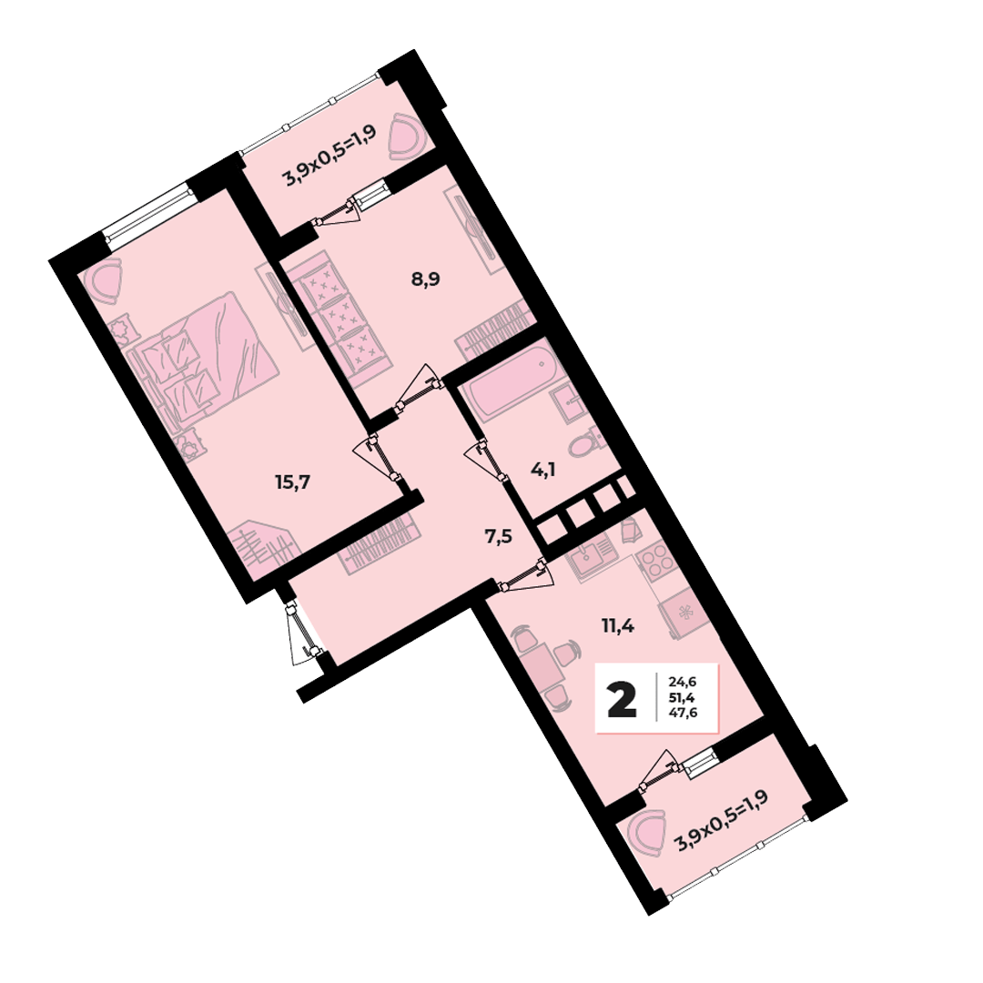 Фото №2: 2-комнатная квартира 51 м² - Краснодар, жилой комплекс Грани, 