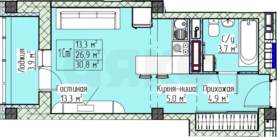 Фото №3: Студия 28 м² - Нижнекамск, жилой комплекс Матур-НК, ул. Менделеева, 43А