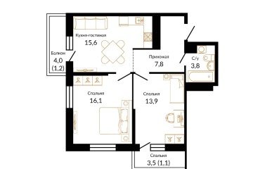 Фото №3: 2-комнатная квартира 59 м² - Краснодар, мкр. жилой комплекс Айвазовский, 