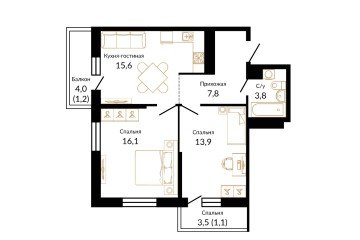 Фото №2: 2-комнатная квартира 59 м² - Краснодар, мкр. жилой комплекс Айвазовский, 