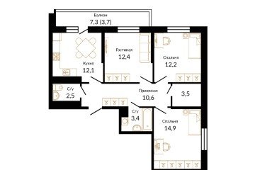 Фото №2: 3-комнатная квартира 75 м² - Краснодар, мкр. жилой комплекс Айвазовский, 