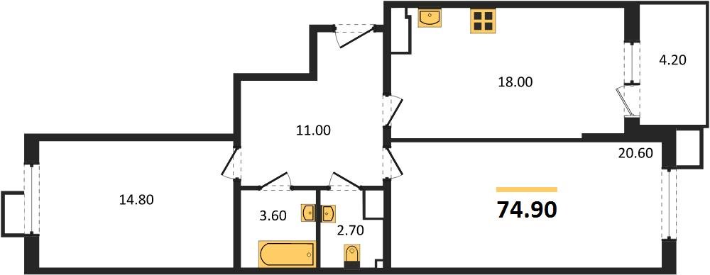 Фото №1: 2-комнатная квартира 74&nbsp;м², 12/18&nbsp;эт. - Краснодар, Прикубанский внутригородской округ, мкр. Парк Победы