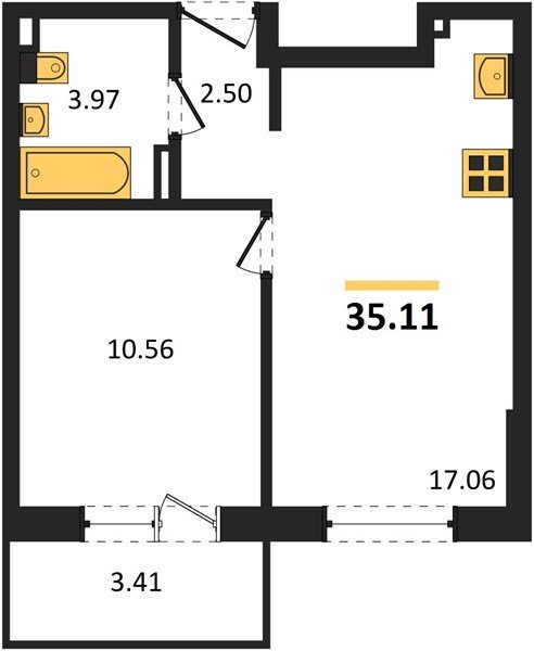 Фото №1: 1-комнатная квартира 38&nbsp;м², 4/4&nbsp;эт. - Южный, мкр. жилой комплекс Южные Соседи