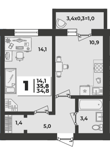 Фото №1: 1-комнатная квартира 35&nbsp;м², 5/5&nbsp;эт. - Новая Адыгея, мкр. жилой комплекс Дарград