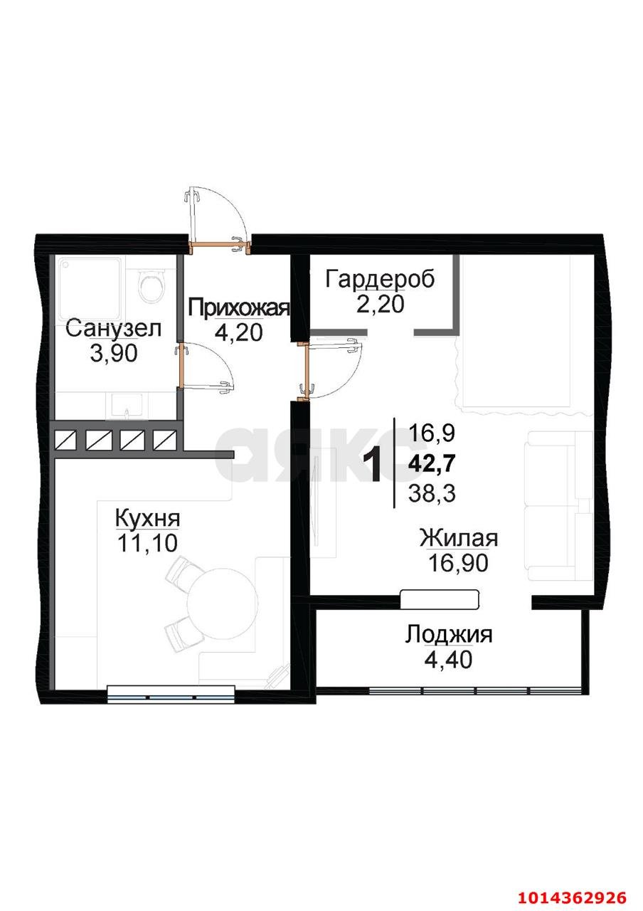 Фото №19: 1-комнатная квартира 42&nbsp;м², 9/9&nbsp;эт. - Яблоновский, ул. Кобцевой, 3к2