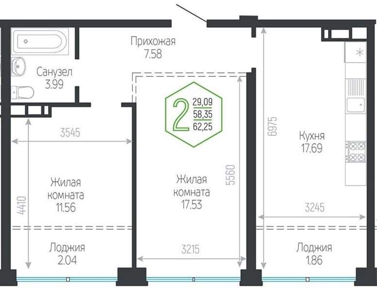 Фото №1: 2-комнатная квартира 62&nbsp;м², 3/24&nbsp;эт. - Краснодар, Центральный внутригородской округ, мкр. Черёмушки
