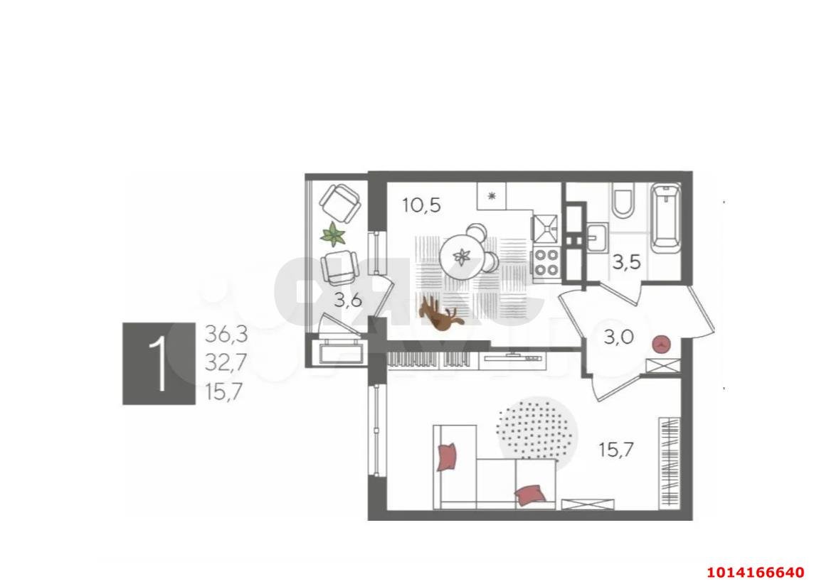 Фото №9: 1-комнатная квартира 36&nbsp;м², 18/24&nbsp;эт. - Краснодар, Карасунский внутригородской округ, мкр. Черёмушки, ул. Новороссийская, 102/8