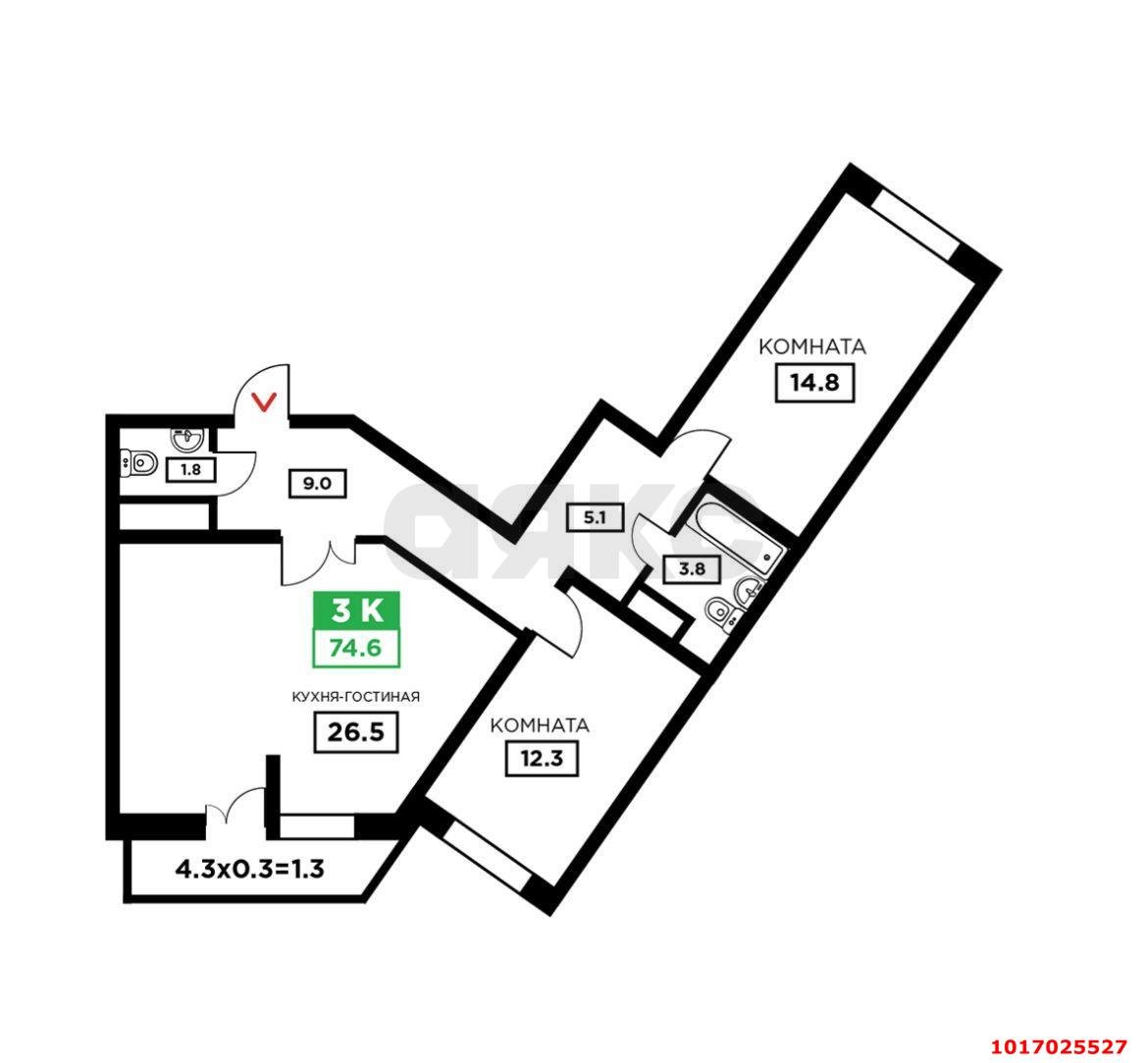 Фото №5: 3-комнатная квартира 78&nbsp;м², 11/24&nbsp;эт. - Краснодар, Прикубанский внутригородской округ, мкр. жилой комплекс Свобода, ул. Домбайская, 55к6