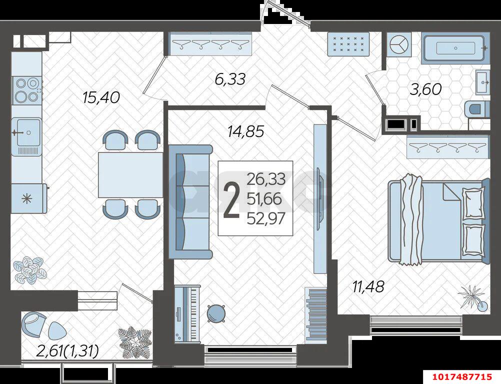 Фото №6: 2-комнатная квартира 54&nbsp;м², 3/16&nbsp;эт. - Краснодар, Карасунский внутригородской округ, мкр. ЖК Смородина, ул. имени Владимира Жириновского, 1к8