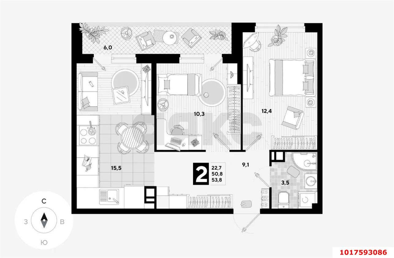 Фото №16: 2-комнатная квартира 55&nbsp;м², 7/16&nbsp;эт. - Краснодар, Прикубанский внутригородской округ, мкр. жилой комплекс Самолёт-4, ул. Ивана Беличенко, 89