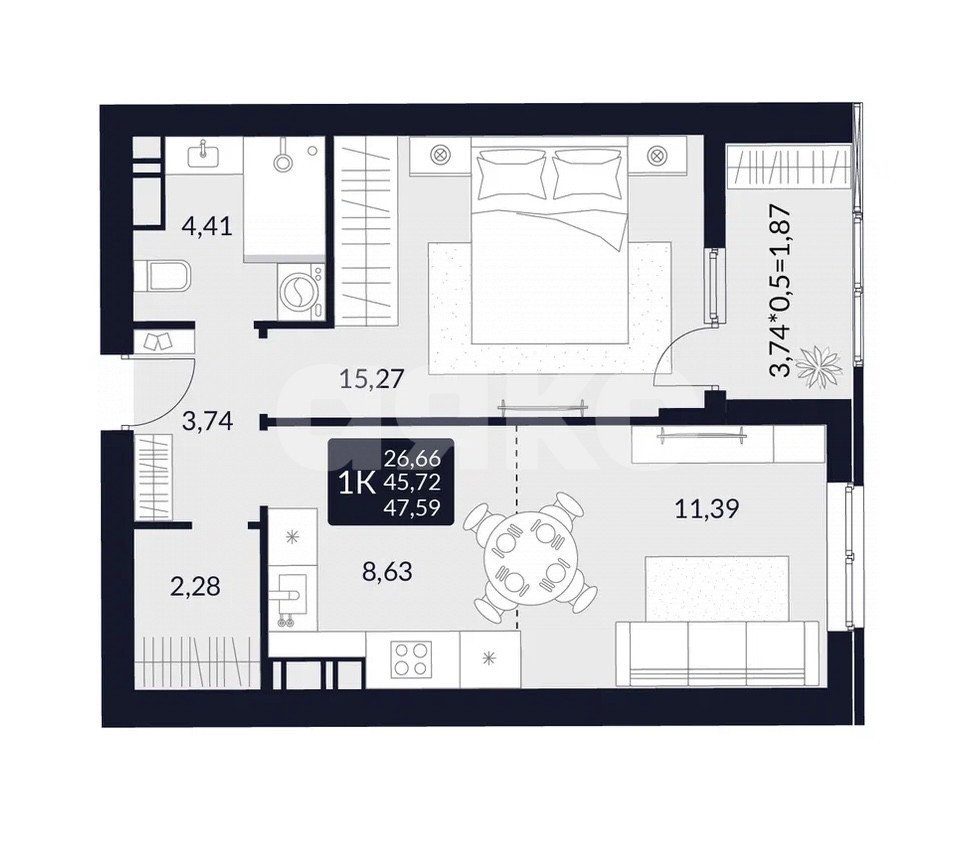 Фото №2: 1-комнатная квартира 47 м² - Майкоп, ул. Лесная, 1